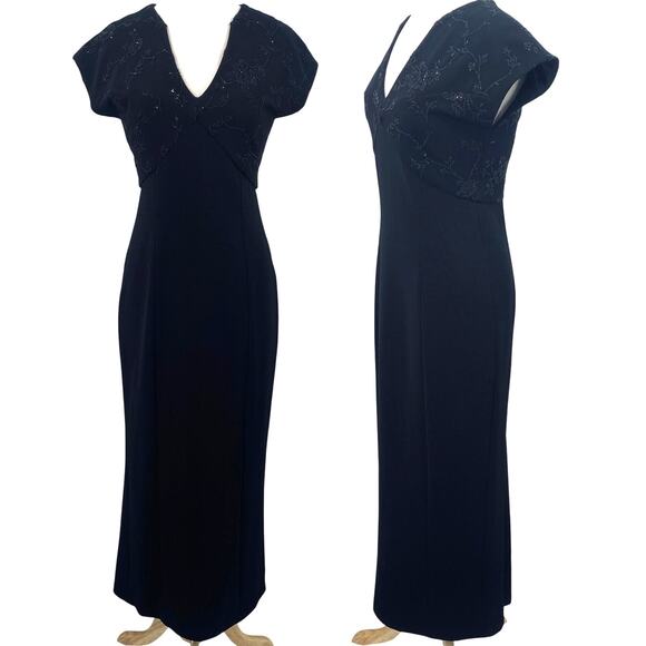 Vintage Dresses & Skirts - Vintage 90s Beaded Bodice Maxi Dress Knit Fitted Column Gown Empire Waist Black